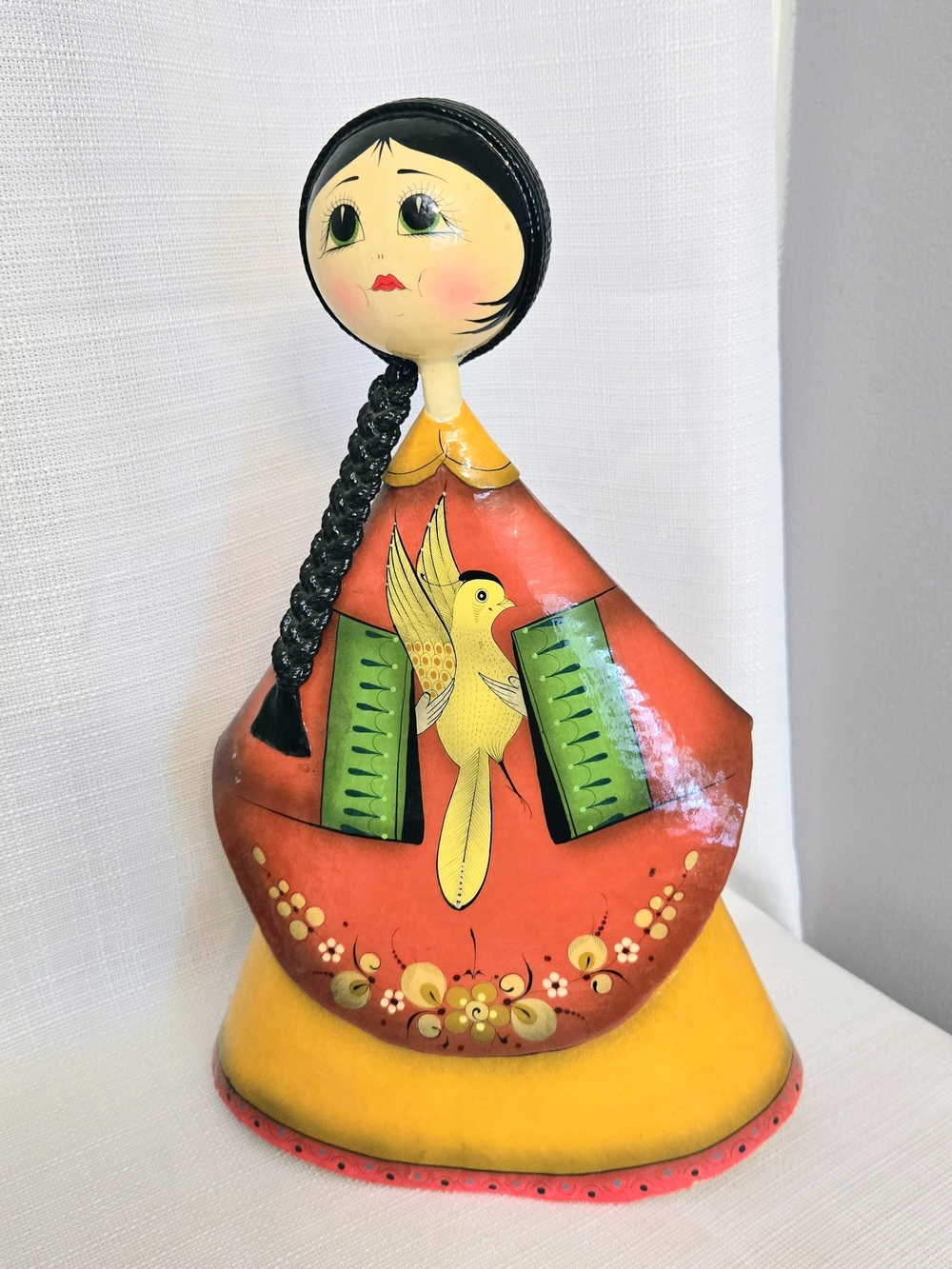Vintage Ser Me Paper Mache Doll Tonala Mexican Folk Art Bird Braid Orange